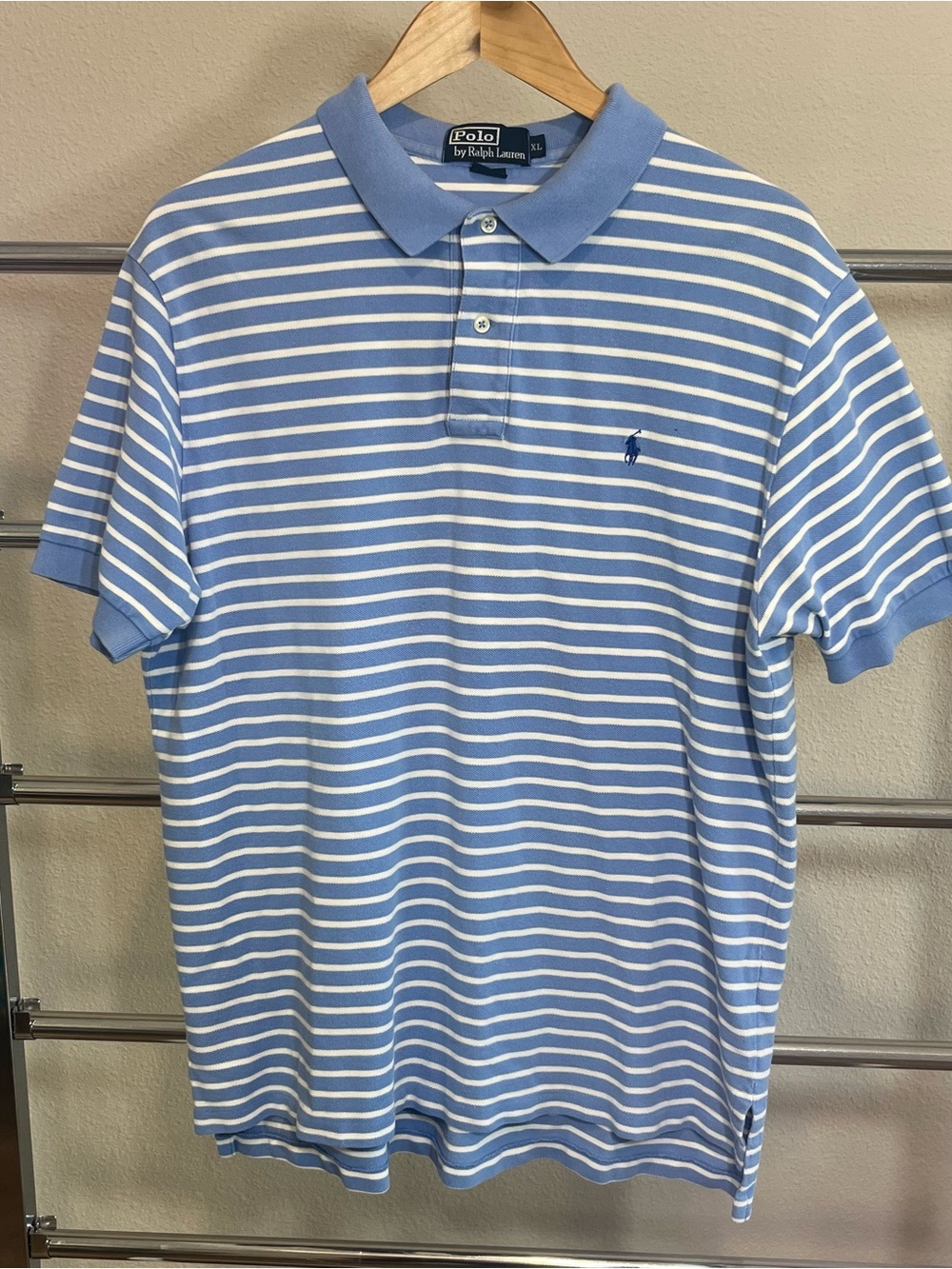 Polo by Ralph Lauren Blue White Striped Short Sleeve Polo Shirt 100% Cotton XL